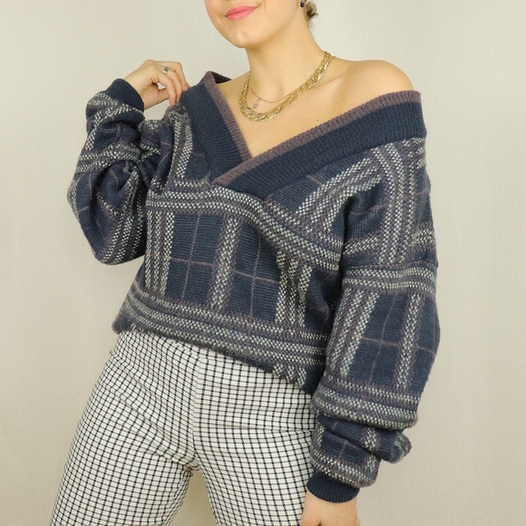 Purple blue wool chunky checked v-neck sweater - Picture 2 of 8